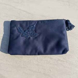 Vintage ADG Navy Satin Beaded Floral Clutch Dark Academia Vamp Romantic Poetcore